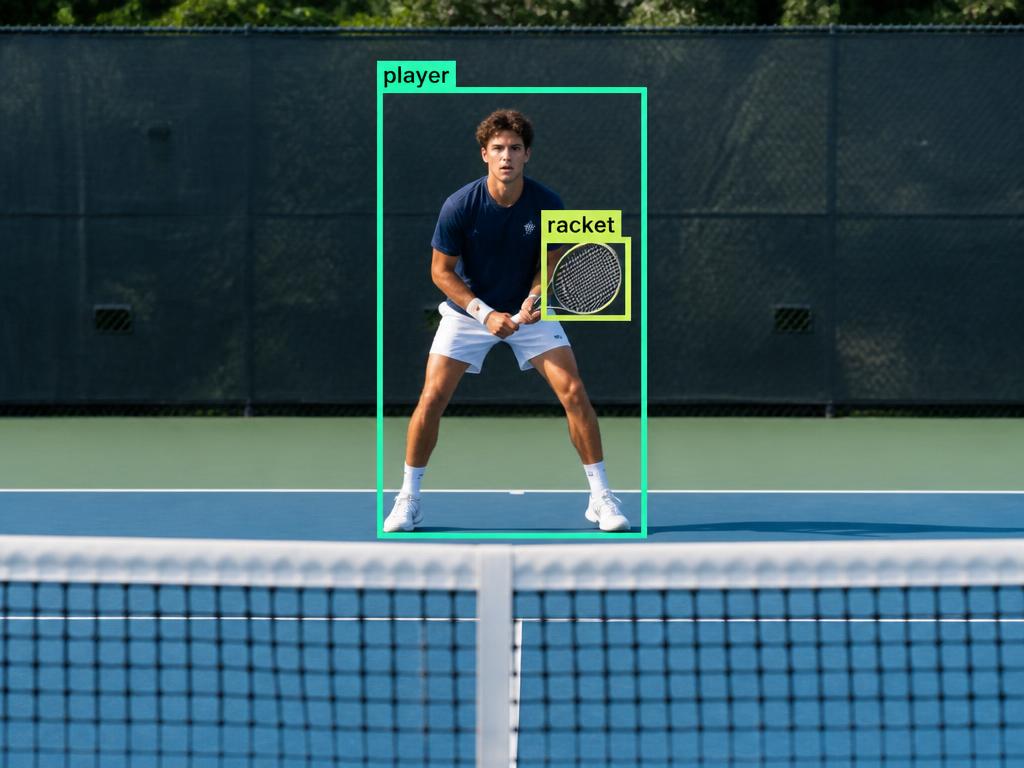 Tennis player on the far side of the court with object-detection bounding boxes around the player and racket head